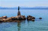 Bronze Sculpture of Maiden with Seagull on Background a Sea in O