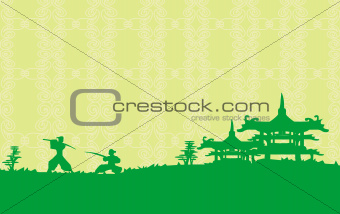Samurai silhouette in Asian Landscape