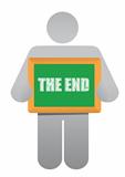 man holding a "the end" board