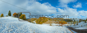 October Carpathian mountain panorama with first winter snow