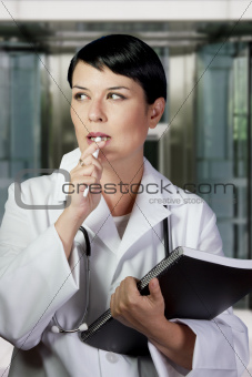 Thinking medical doctor with stethoscope. Over hospital backgrou