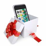 Smartphone in the gift box with red ribbons
