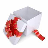 Open white gift box decorated with a red ribbon