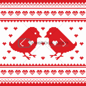 Valentines Day, love pixelated card with birds and hearts