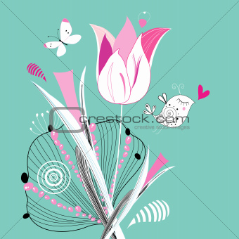 floral background with a bird and butterfly