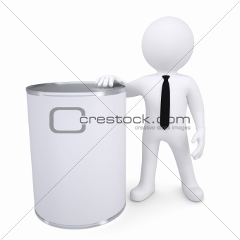 3d white man next to a metal can