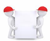 Two 3d white man in a red hat holding a white box