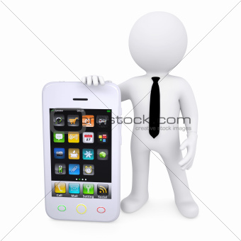 3d white man next to the smartphone