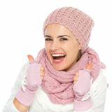 Smiling woman in knit scarf, hat and mittens showing thumbs up