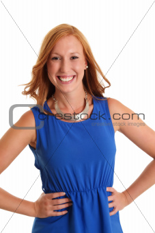 Happy woman in a blue dress