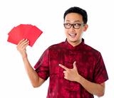 Asian man showing many red packet