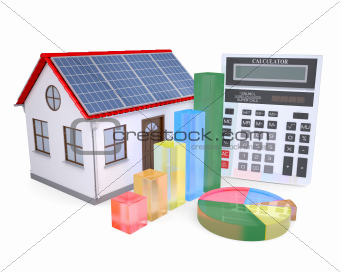 House with solar panels, a calculator and graph