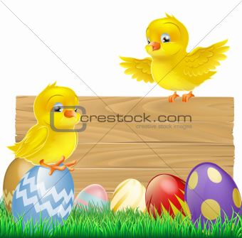 Isolated Easter Sign with Eggs and Chicks