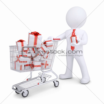 3d white man with a cart of gifts