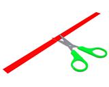 Green scissors cut the red ribbon