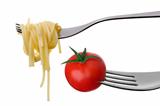 spaghetti and tomato on forks isolated