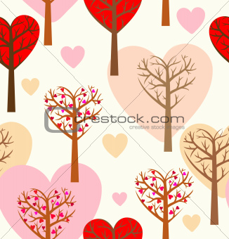 Seamless pattern with hearts and trees. 