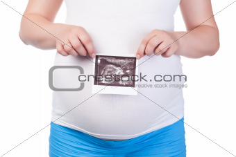 Pregnant Woman's Belly with Ultrasound Image