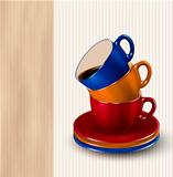 Background with colorful cups of coffee. Coffee design template. Vector
