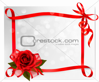 Valentine`s day background. Red rose with gift red bow. Vector illustration.