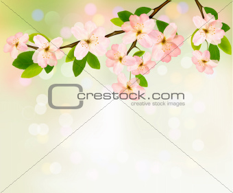 Spring background with blossoming tree brunch with spring flowers. Vector illustration.