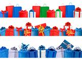 Set of shopping banners with gift colorful boxes with bow and ribbon. Vector illustration.