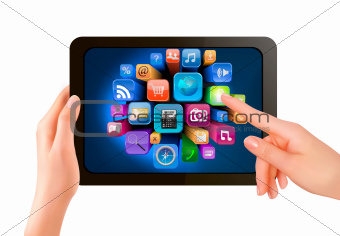Hand holding touch pad pc and finger touching it's screen with icons. Vector