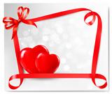 Valentine background with two red hearts and gift bow and ribbons. Vector illustration.