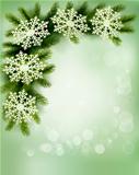 Christmas retro background with christmas tree branches and snowflakes. 