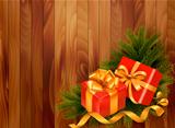 Holiday retro background with christmas tree branches and gift boxes. Vector.