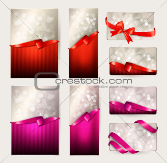 Set of beautiful Gift cards with red and pink gift bows with ribbons Vector illustration.