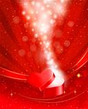 Valentine`s day background with open red gift box with bow and ribbons. Vector.