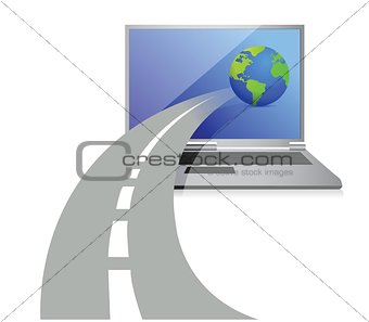 laptop and a road leading to the globe