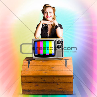 Technology Smart Pinup Woman On Retro Color TV