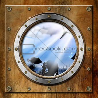Metal Porthole with Sea Abyss Landscape