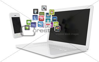 White laptop and smartphone communicate