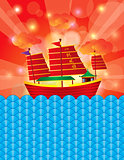 Chinese Junk Sail Boat on Background Illustration