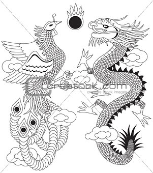 Dragon and Phoenix with Clouds Outline Illustration