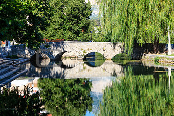 Picturesque Landscape, Stone Bridge, River and Willow, Solin, Cr