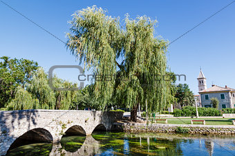 Picturesque Landscape, Church, Bridge, River and Willow, Solin, 