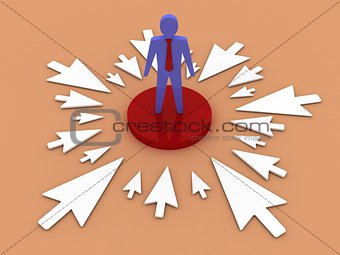 The arrows point to a businessman at the center. Concept 3D illustration.