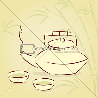 Vector teapot with bamboo background 