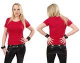 Blond woman posing with blank red shirt