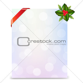 Banner With Red Ribbon And Bokeh With Holly Berry