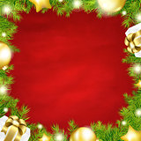 Christmas Red Background With Fir Tree Border