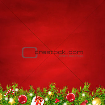 Retro Red Background And Fir Tree Garland