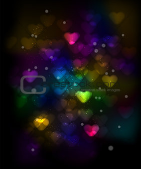 Colorful Hearts Bokeh on a Dark Background