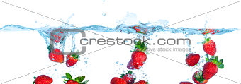 Collage Fresh Strawberry Dropped into Water with Splash