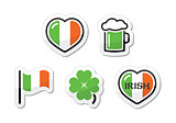 St Patricks Day icons - irish flag, clover, green beer