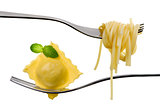 ravioli pasta parcel and spaghetti on fork white background